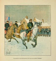 Armee nad Loarą Eugeniusza Sierżanta, dit Grenest, ilustr. Louis Bombled (1862-1927) (Wojna francusko-niemiecka; kampania 1870-1871): Pułkownik Lipowski podróżuje po liniach bojowych Alencon w styczniu 1871, zbiory prywatne