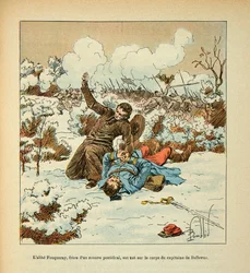 Armee nad Loarą, Eugene Sergeant, dit Grenest, zilustrowane przez Louisa Bombleda (1862-1927) (Wojna francusko-niemiecka; kampania 1870-1871): Abbe Fouqueray, brat papieskiego żuawa, ginie na ciele kapitana Bellevue, kolekcja prywatna