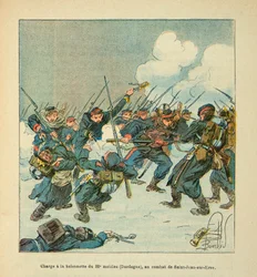 Armee nad Loarą Eugene Sergeant, znany jako Grenest, zilustrowany przez Louisa Bombleda (1862-1927) (Wojna francusko-niemiecka; kampania 1870-1871): szarża na baionetę 22. komórki (Dordogne) w bitwie Saint Jean sur Evre w styczniu 1871, P