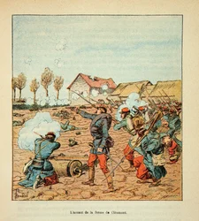 Armee nad Loarą, Eugene Sergent, dit Grenest, zilustrowane przez Louisa Bombleda (1862-1927) (Wojna francusko-niemiecka; kampania 1870-1871): Bitwa pod Coulmiers 9 listopada 1870, atak Francuzów na Cleomont Gospodarstwo, kolekcja prywatna
