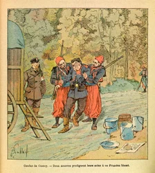Wschodnia Armia Eugeniusza Sierżant, dit Grenest, zilustrowana przez Louisa Bombleda (1862-1927) (Wojna francusko-niemiecka; kampania 1870-1871): Bitwa pod Cussey, październik 1870, dwóch Żuawów opiekuje się rannym Prusakiem, Zbiórka częściowa