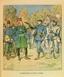Wschodnia Armia Eugeniusza Sierżant, dit Grenest, zilustrowana przez Louisa Bombleda (1862-1927) (Wojna francusko-niemiecka; kampania 1870-1871): W Franche Comte kapitan Huot Freiciners schwytał majora Von Kelkena podczas 30 października 1870, Pr