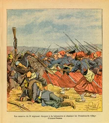 Armee Wschodnia Eugeniusza Sierżanta dit Grenest, ilustrowana przez Louisa Bombleda (1862-1927) (wojna francusko-niemiecka; kampania 1870-1871): Żuawi z 3. Pułku szarżują na baonette i wypędzają Prusaków z wioski Auxon-Dessus podczas kampanii 1870-1871.
