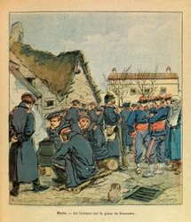 Wschodnia Armia Eugeniusza Sierżanta, znanego jako Grenest, zilustrowana przez Louisa Bombleda (1862-1927) (Wojna francusko-niemiecka; kampania 1870-1871): Bitwa Nocy w Saint Georges, niemiecki biwak na Place de Boncourt z francuskimi jeńcami, Prywatna kol