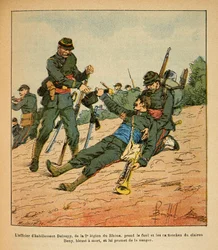 Wschodni Armee Eugeniusza Sierżant, znany jako Grenest, zilustrowany przez Louisa Bombleda (1862-1927) (Wojna francusko-niemiecka; kampania 1870-1871): Bitwa pod Nuits Saint Georges, oficer odzieżowy Deloupy z 2. Legionu Rodanu bierze karabin i