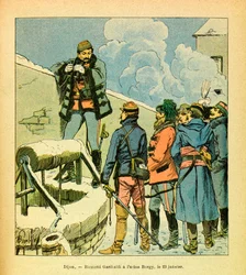 Armee Wschodnia Eugeniusza Sierżanta, zwana Grenest, ilustrowana przez Louisa Bombleda (1862-1927) (wojna francusko-niemiecka; kampania 1870-1871): Dijon, Ricciotti Garibaldi w fabryce Bargy 23 stycznia