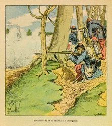 Wschodni Armee Eugeniusza Sierżant, znany jako Grenest, zilustrowany przez Louisa Bombleda (1862-1927) (Wojna francusko-niemiecka; kampania 1870-1871): Pod rozkazami generała Dupre, szewca 32. marszu w bitwie pod La Bourgonce w październiku 1870, Priva