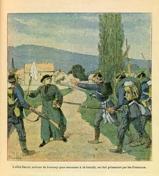 Wschodnia Armia Eugeniusza Sierżant, znana jako Grenest, zilustrowana przez Louisa Bombleda (1862-1927) (Wojna francusko-niemiecka; kampania 1870-1871): Abbe Barret opuszczający Devecey, by dołączyć do Francuzów, został wzięty do niewoli przez Prusaków pod