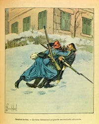 Wschodnia Armia Eugeniusza Sierżanta, znana jako Grenest, zilustrowana przez Louisa Bombleda (1862-1927) (Wojna francusko-niemiecka; kampania 1870-1871): W Dombrot Le Sec turecki Mohammed dźga niemieckiego wartownika, kolekcja prywatna