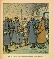 Wschodni Armee Eugeniusza Sierżant, znany jako Grenest, zilustrowany przez Louisa Bombleda (1862-1927) (Wojna francusko-niemiecka; kampania 1870-1871): Salins, kapitan Brichard przyjmujący pruskiego parlamentarzysty w Fort Belin a Salins les Bains, szerego