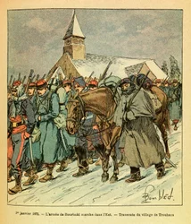 Wschodnia Armia Eugeniusza Sierżanta, znana jako Grenest, zilustrowana przez Louisa Bombleda (1862-1927) (Wojna francusko-niemiecka; kampania 1870-1871): 1 stycznia