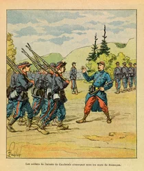 Wschodni Armee Eugeniusza Sierżant, znany jako Grenest, zilustrowany przez Louisa Bombleda (1862-1927) (Wojna francusko-niemiecka; kampania 1870-1871): Żołnierze armii generała Cambrielsa ćwiczący pod murami Besancon, kolekcja prywatna