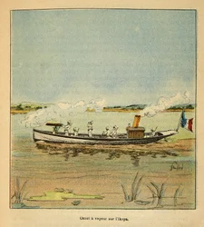 Wojna na Madagaskarze-Anegdotyczna historia francuskich ekspedycji 1885-1895 Henri Galli dit Galllichet (1854-1922), ilustracja Louis Bombled (1862-1927): francuska Canonniere nad rzeką Ikopa na Madagaskarze w 1895, zbiory prywatne