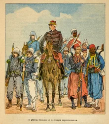 Wojna na Madagaskarze – anegdotyczna historia francuskich ekspedycji z lat 1885-1895 Henri Galli dit Galllichet (1854-1922), zilustrowana przez Louisa Bombleda (1862-1927): Generał Duchesne z oddziałami ekspedycyjnymi Madagaskaru, kolekcja prywatna