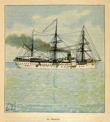 Wojna na Madagaskarze – anegdotyczna historia francuskich ekspedycji z lat 1885-1895 Henri Galli dit Galllichet (1854-1922), zilustrowana przez Louisa Bombleda (1862-1927): Statek szpitalny „Shamrock” w drodze na Madagaskar, kolekcja prywatna