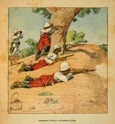 The War in Madagascar-Anecdotal History of the French Expeditions of 1885-1895 autorstwa Henri Galli dit Galllichet (1854-1922), ilustrowane przez Louis Bombled (1862-1927): Hunters of Africa fighting on foot in Madagascar in 1895, Private Collection