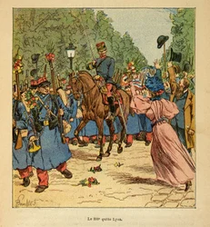Wojna na Madagaskarze – anegdotyczna historia francuskich ekspedycji z lat 1885-1895 Henri Galli dit Galllichet (1854-1922), zilustrowana przez Louisa Bombleda (1862-1927): 200. linia opuszcza Lyon na Madagaskar w 1895 r., kolekcja prywatna