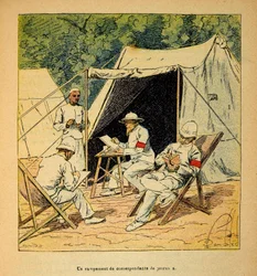 Wojna na Madagaskarze – anegdotyczna historia francuskich ekspedycji z lat 1885-1895 Henri Galli dit Galllichet (1854-1922), zilustrowana przez Louisa Bombleda (1862-1927): Obóz korespondentów prasowych na Madagaskarze w 1895 r., zbiory prywatne