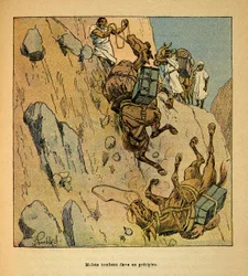 Wojna na Madagaskarze-Anegdota Historia francuskich ekspedycji 1885-1895 Henri Galli dit Galllichet (1854-1922), ilustracja Louis Bombled (1862-1927): Mulety konwoju wojskowego spadającego w przepaść, Zbiór szczególny