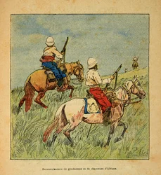 Wojna na Madagaskarze-Anegdota Historia francuskich ekspedycji 1885-1895 Henri Galli dit Galllichet (1854-1922), ilustracja Louis Bombled (1862-1927): Uznanie żandarmów i myśliwych z Afryki na Madagaskarze w 1895 r., zbiory prywatne