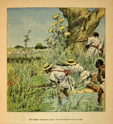 Wojna na Madagaskarze-Anegdota Historia francuskich ekspedycji 1885-1895 Henri Galli dit Galllichet (1854-1922), ilustrowana przez Louisa Bombleda (1862-1927): Hovas Tirailleurs atakujący wojsko budujące drogę w 1895 r., Zbiory prywatne