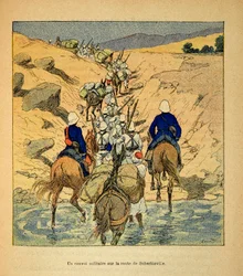 Wojna na Madagaskarze – anegdotyczna historia francuskich ekspedycji z lat 1885-1895 Henri Galli dit Galllichet (1854-1922), ilustracja Louis Bombled (1862-1927): konwój wojskowy na drodze do Suberbieville w 1895 r., zbiory prywatne