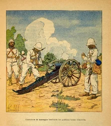 Wojna na Madagaskarze – anegdotyczna historia francuskich ekspedycji z lat 1885-1895 Henri Galli dit Galllichet (1854-1922), zilustrowana przez Louisa Bombleda (1862-1927): Artyleria górska zbombardowała pozycje Hovas a Andriba w 1895 roku, zbiory prywatne