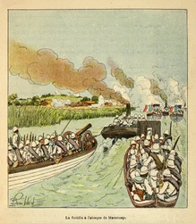 Wojna na Madagaskarze — anegdotyczna historia francuskich ekspedycji z lat 1885-1895 autorstwa Henri Galli dit Galllichet (1854-1922), zilustrowana przez Louisa Bombleda (1862-1927): Piechota morska zaatakowała miasto Marovoay w 1895 r., kolekcja prywatna