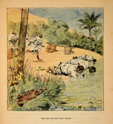 Wojna na Madagaskarze – anegdotyczna historia francuskich ekspedycji z lat 1885-1895 Henri Galli dit Galllichet (1854-1922), ilustracja Louis Bombled (1862-1927): Postój nad rzeką w 1895 r., Kolekcja prywatna