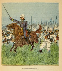 Wojna na Madagaskarze – anegdotyczna historia francuskich wypraw z lat 1885-1895 Henri Galli dit Galllichet (1854-1922), zilustrowana przez Louisa Bombleda (1862-1927): Komendanta Lentonneta (1840-1896) z wojskami francuskimi podczas obrona Carasaotry