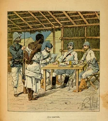 Wojna na Madagaskarze-Anegdota Historia francuskich ekspedycji 1885-1895 Henri Galli dit Galllichet (1854-1922), ilustracja Louis Bombled (1862-1927): Przesłuchanie więźnia Hovas przez Francuzów, zbiory prywatne