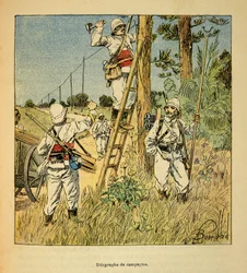 Wojna na Madagaskarze-Anegdotyczna historia francuskich wypraw z lat 1885-1895 Henri Galli dit Galllichet (1854-1922), zilustrowana przez Louisa Bombleda (1862-1927): Realizacja telegrafu kampanii przez wojsko na Madagaskarze w 1895 roku, Szeregowy kol