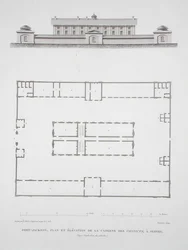Plan i elewacja budynku skazanych w Port Jackson, niedaleko Sydney, z „Voyage Autour du Monde (1817-20)”, opublikowanej 1822-24 (rycina)