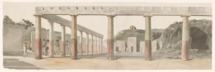 Widok na rzymskie koszary i kolumnadę w Pompejach Vue des Casernes Romaines & de la Colonnade de Pompeja (tytuł na obiekcie) Voyage en Italy i Sicile et à Malte - 1778 (tytuł serii)