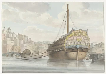 Gezicht op haven met galei schip vlakbij de werf Widok dna Port des Galères w Malthe, zaczerpnięty ze strony (tytuł na obiekcie) Podróże po Włoszech, Sycylii i Malcie - 1778 (tytuł serii)