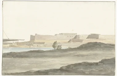 Widok na zamek w porcie Barletta Vue du Château, qui domine le port de Barletta (tytuł przedmiotu) Voyage en Italy i Sicile et à Malte - 1778 (tytuł serii)