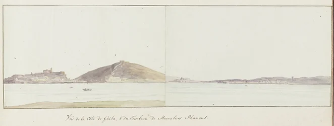 Gezicht op kust van Gaeta en mauzoleum van Munatius Plancus (Lucio Munazio Planco) Vue de la Côte de Gaëta i du Tombeau de Munatius Plancus (tytuł obiektu) Voyage en Italie, en Sicile et à Malte - 1778 (tytuł serii)