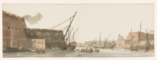 Gezicht op werf in haven van galei schepen te Malta Widok na plac budowy w porcie Galer na Malcie (tytuł na obiekcie) Podróże po Włoszech, Sycylii i Malcie - 1778 (tytuł serii)