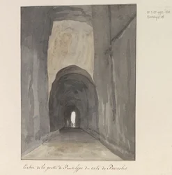 Ingang van grot Crypta Neapolitana (z Grotta di Posillipo) aan de kust van Pozzuoli Wejście do jaskini Pausilype w pobliżu Pozzuoli (tytuł na obiekcie) Podróże po Włoszech, Sycylii i Malcie - 1778 (tytuł serii)