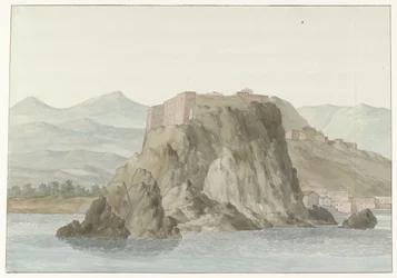 Skała i miasto Scilla w regionie Kalabrii widziane z morza od strony północnej Rocher i Ville de Scilla i Calabre; vue prize en mer, du côté du Nord (tytuł na przedmiocie) Voyage en Italy i Sicile et à Malte - 1778 (tytuł serii)