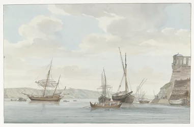 Tuinhuis van de Jardin du Grand Master uittorend boven de haven met galei schepen na Malcie Pavillon du Jardin du Grand-Maître, naprzeciwko Port des Galères w Malthe (tytuł na obiekcie) Podróże po Włoszech, Sycylii i Malcie - 1778 (tytuł serii)