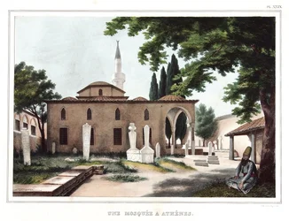 Meczet w Atenach. w „”Podróż do Aten i Konstantynopola”, czyli zbiór portretów, widoków i kostiumów greckich i osmańskich, malowanych na miejscach natury, litografiach i kolorystykach autorstwa Louisa Dupre (1789-1837), ucznia Dawida.1825.