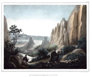 Les meteores de Thessalie et le Pinde (krajobraz klifów i skał). w „Podróż do Ateny i Konstantynopola”, czyli zbiór greckich i osmańskich portretów, widoków i kostiumów, malowanych na miejscach po naturze, litografie i kolorystykach autorstwa Louisa Dupre