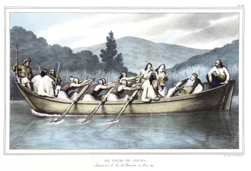 Ali Pasha de Janina (1741-1822), polowanie nad jeziorem Butrinto w marcu 1819 r. w „Podróży do Aten i Konstantynopola”, czyli zbiór greckich i osmańskich portretów, widoków i kostiumów, malowanych na miejscach po naturze, litografie i kolorystykach Ludwika