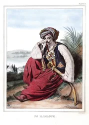 Un mamlouk (Mamluk). w „Podróż do Aten i Konstantynopola”, czyli zbiór portretów greckich i osmańskich, widoków i kostiumów, malowanych na miejscach po naturze, litografie i kolorystykach autorstwa Louisa Dupre (1789-1837), ucznia Dawida.1825.