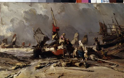 ""Po burzy"" (Po burzy) Rybak odnajduje swoją rodzinę po burzy. Obraz Louis Gabriel Eugene Isabey (1803-1886) 1869 Wymiary 36,5x60 cm Ermitaż, Sankt Petersburg