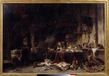 Warsztat alchemika Jest pełen fiolek, fiolek, fotosów. obraz Louisa Gabriela Eugene Isabeya (1803-1886) 1848 Nd. 0,66x0,99 m Lille musee des beaux arts.