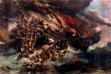 Pożar parowca „Austria” Obraz Louis Eugene Isabey (1803-1886) XIX-wieczny Paryż, Muzeum Marynarki