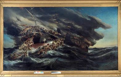 Pożar parowca Austria Scena wrak statku, z którego pasażerowie próbują uciec na łodziach w zdewastowanym morzu. Obraz Eugene Isabey (1803-1886)