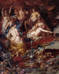 Kuszenie św. Antoniego Pustelnik św. Antoni Wielki (251-356) zostaje na pustyni poddany pokusom diabła. Szczegół. Obraz Louisa Gabriela Eugene Isabeya (1803-1886)